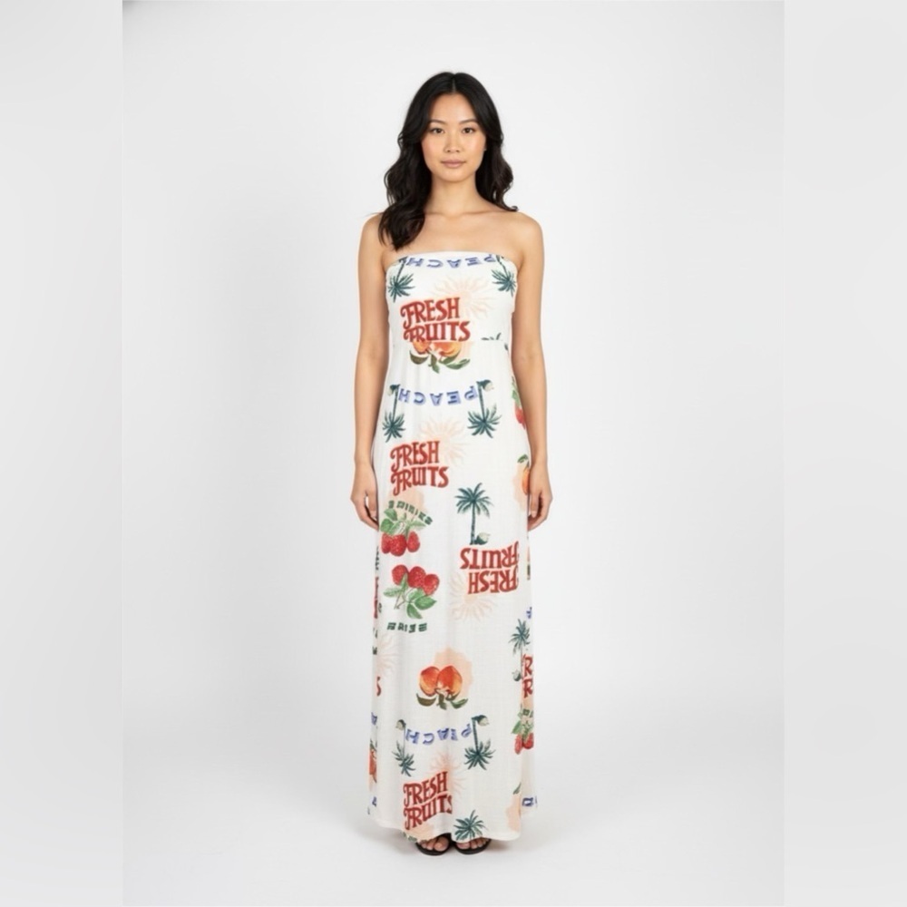 Anthropologie Paper Heart Fresh Fruit Print Linen Blend Strapless Maxi Dress XS